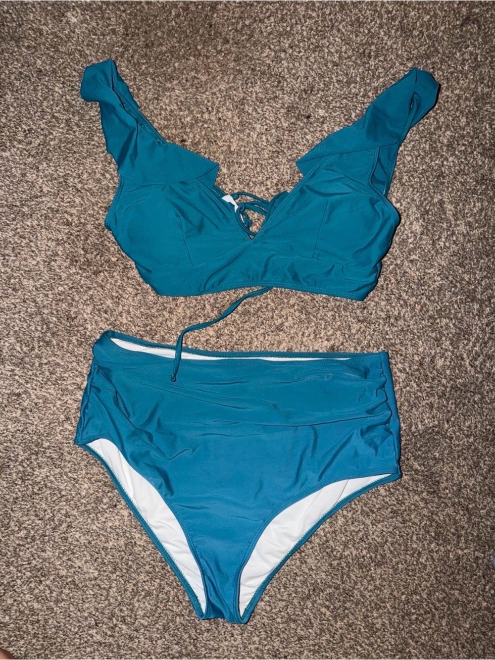 SHEIN Teal Two-Piece Bikini Set with Flounce V Top and High-Waist Bottoms
